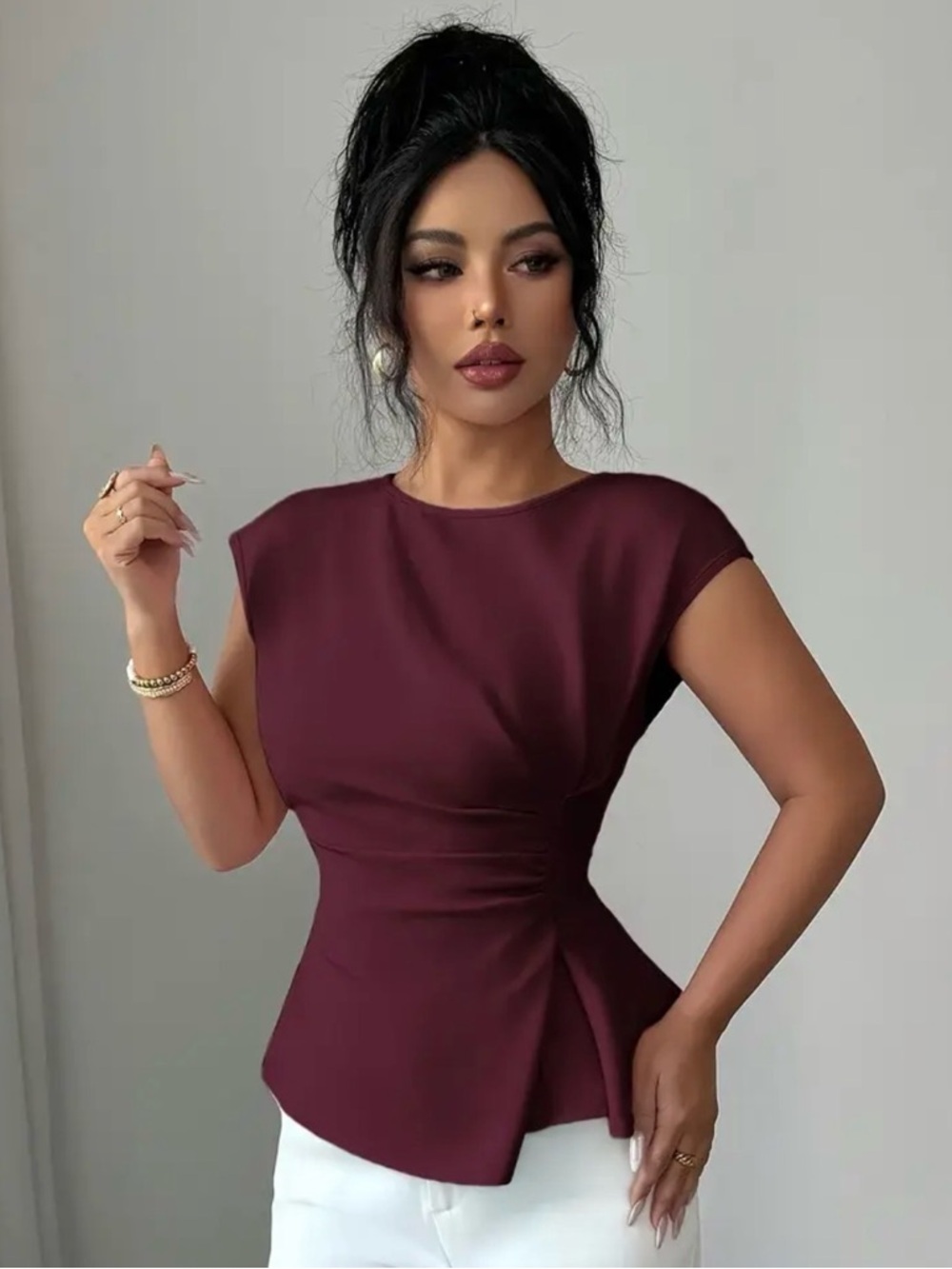 Sculpted Peplum Cap-Sleeve Top in Deep Maroon - Picture 2 of 3